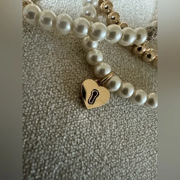 Karl Lagerfeld Faux Pearl & Gold tone 3pc Stretch Charmed Bracelet Set NWT - Picture 4 of 10
